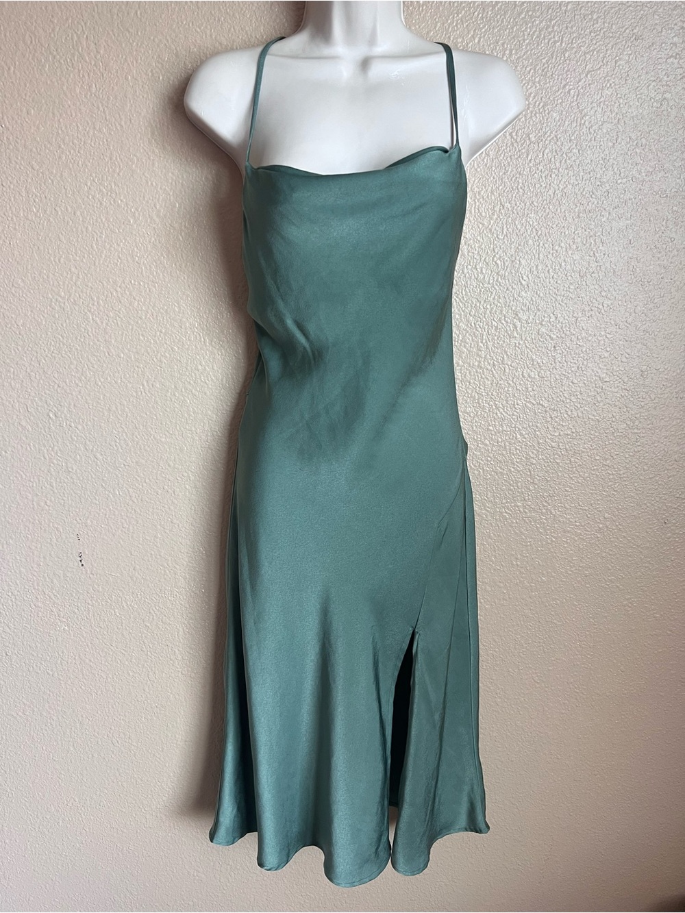 Altar’d State MIDI Satin Green Spaghetti Strap Slip Dress